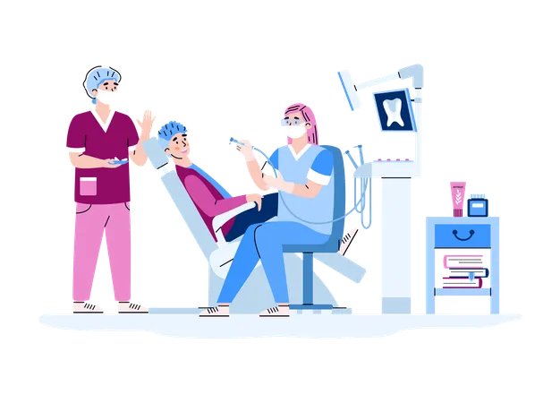 Doctor dentist and nurse treating tooth of man  Illustration