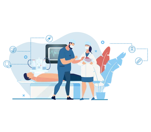 Doctor discussing the patient operation with health checking technology in operation theater Illustration
