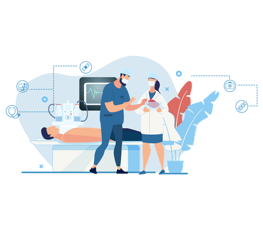 Doctor discussing the patient operation with health checking technology in operation theater  Illustration