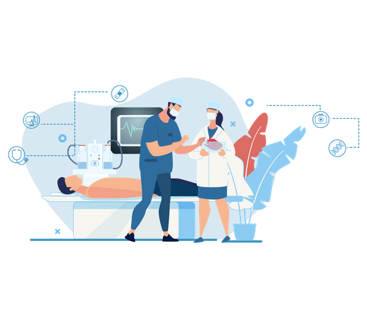 Doctor discussing the patient operation with health checking technology in operation theater  Illustration