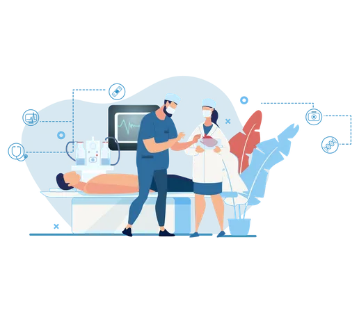 Doctor discussing the patient operation with health checking technology in operation theater  Illustration