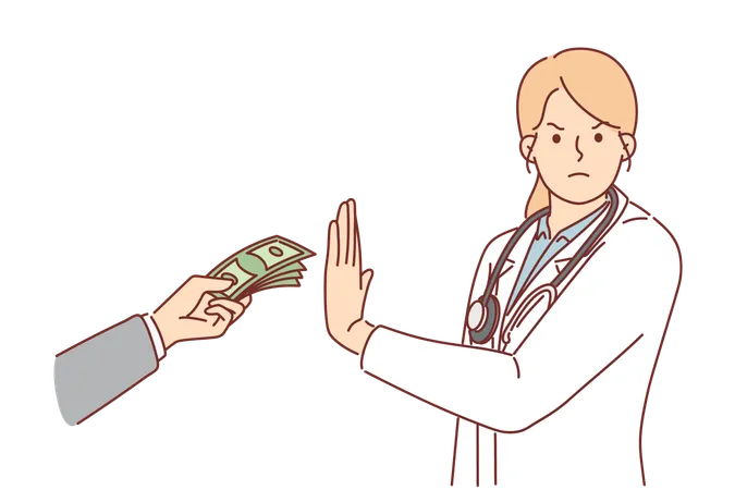 Woman Doctor Refuses Money And Corruption In Healthcare System Or Lobbying From Pharmaceutical Corporations Girl In White Coat With Stethoscope Around Neck Rejects Bribe From Patient Illustration