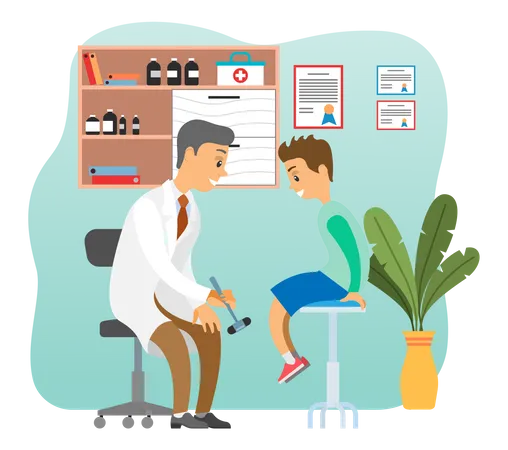 Doctor Doing A Physical Examination Of The Patient Neurologist Examining Boy For Diagnosis In Hospital Room Male Medic With Neurological Hammer Checks The Reflexes Of The Child Sitting On The Chair Illustration