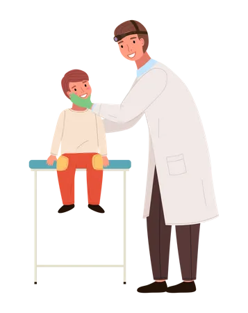 The Otolaryngologist Looks At The Child Doctor And Kid Characters On Medical Examination ENT Holds The Boy By The Head To Check His Throat Doctor And Little Patient Isolated On White Background Illustration