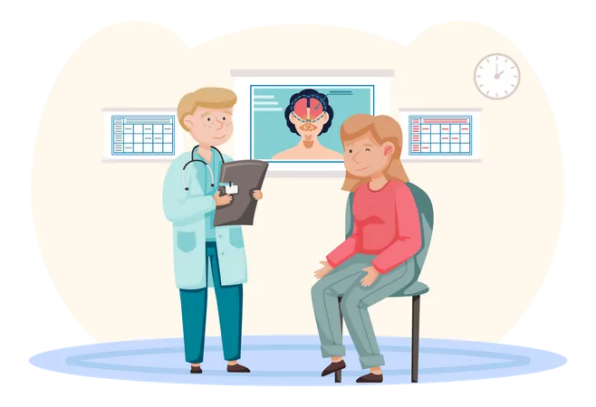 Health Care Medical Examination Female Patient At Doctor S Appointment Otolaryngologist S Office In Hospital Man Specializes In Diagnosis And Treatment Of Pathologies Of Ear Throat And Nose Illustration