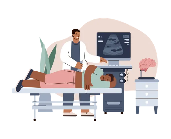 Doctor Doing Ultrasound Diagnostic For Patient Man Visits Clinic To Check The Health Of Organs Using Ultrasound Flat Vector Illustration Isolated On White Background Illustration