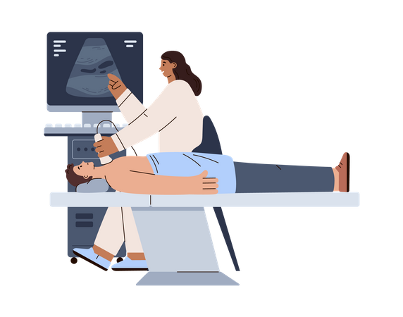 Doctor doing ultrasound to male patient  イラスト