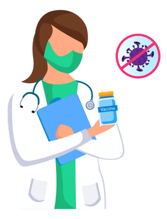 Doctor Educate A Pandemic Corona Virus Warning With Medical Mask To Protect Holding Pills Bottle Icons Of Medicine Treatment In Clinic Or Hospital Landing Page Website Illustration Flat Vector イラスト