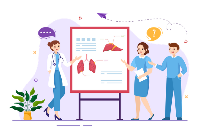 Doctor enseñando a los estudiantes sobre las partes del cuerpo humano  Ilustración