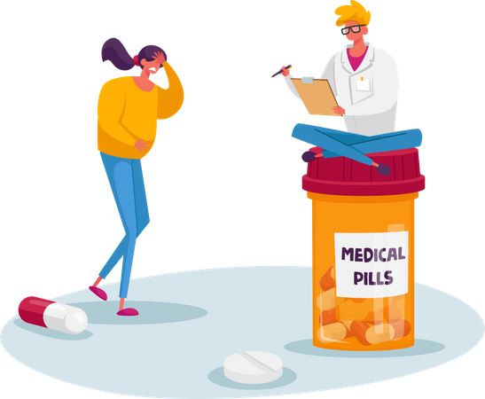 Médico que entrega el recibo del medicamento al paciente por enfermedad de dolor de estómago  Ilustración