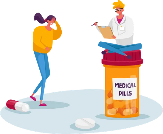 Médico que entrega el recibo del medicamento al paciente por enfermedad de dolor de estómago  Ilustración