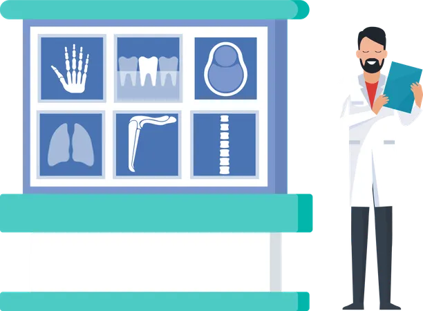 Médico examina los resultados de la resonancia magnética de partes del cuerpo  Ilustración