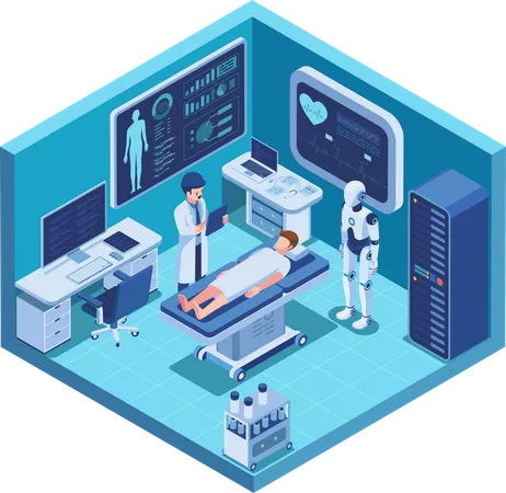 Doctor examines a patient with Ai Diagnostics and Robot  Illustration