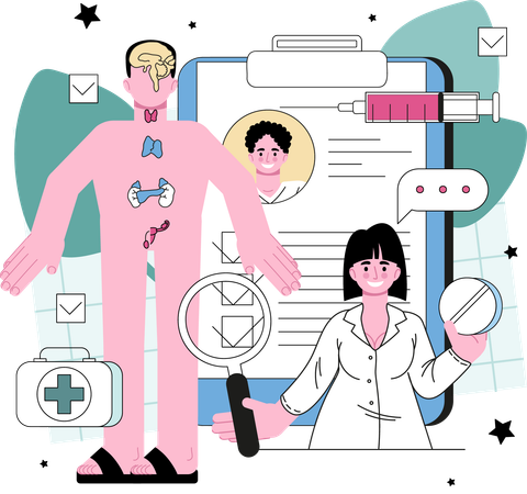 Doctor examines and diagnoses endocrin system diseases  Illustration