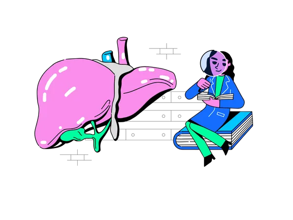 Vector Illustration In Neobrutalism Style Hepatologist Conducts Research On The Liver Nurse Sits And Looks Through A Magnifying Glass Illustration