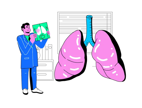Vector Illustration In Neobrutalism Style Pulmonologist Conducts Research On The Lungs Nurse Stands And Holds A Snapshot Scan Illustration