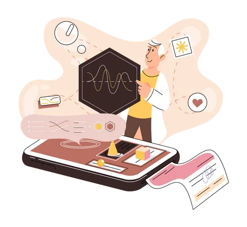 Doctor examining cardiograph online  Illustration