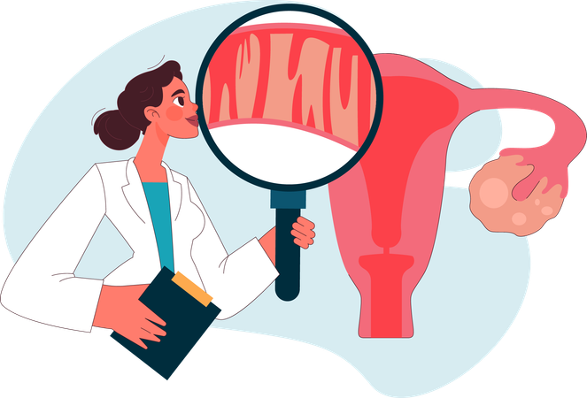 Doctor examining fallopian tubes using magnifying glass  Illustration