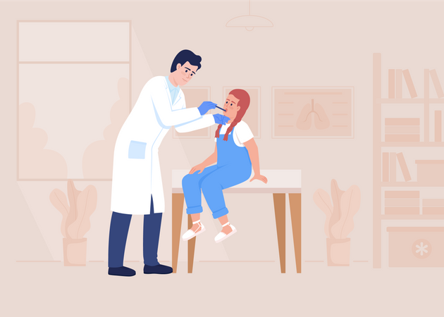 Doctor examining little girl throat at appointment  Illustration