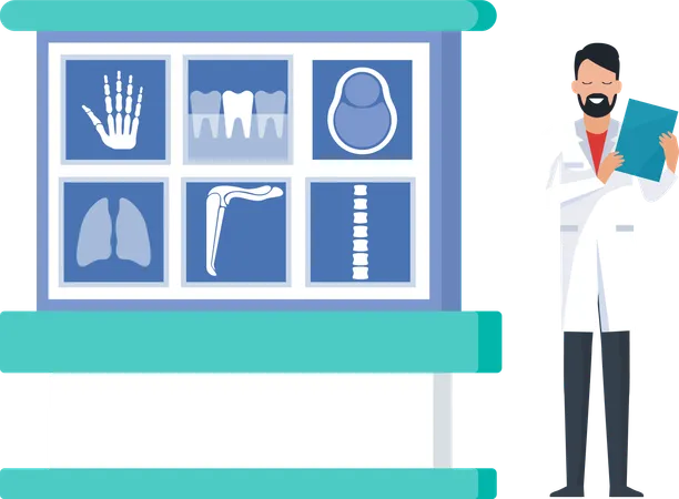Magnetic Resonance Images Of The Brain Lungs Spine Hand Knee And Tooth Male Doctor In Medical Uniform With Beard In X Ray Cabinet In The Clinic Vector Illustration