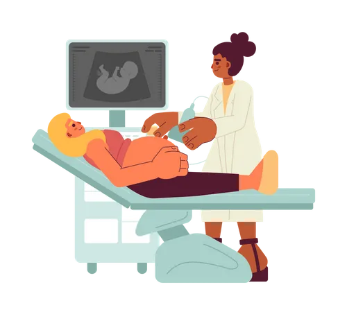 Ultrasound Diagnostics Flat Concept Vector Spot Illustration Doctor Examining Pregnant Woman 2 D Cartoon Characters On White For Web UI Design Parenting Isolated Editable Creative Hero Image Illustration