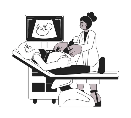 Ultrasound Diagnostics Monochrome Concept Vector Spot Illustration Doctor Examining Pregnant Woman 2 D Flat Bw Cartoon Characters For Web UI Design Parenting Isolated Editable Hand Drawn Hero Image Illustration