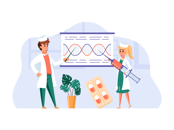 Doctor explaining genetics to fellow doctor  Illustration