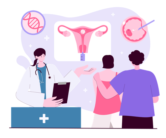 Doctor explaining in vitro fertilization to couple  Illustration