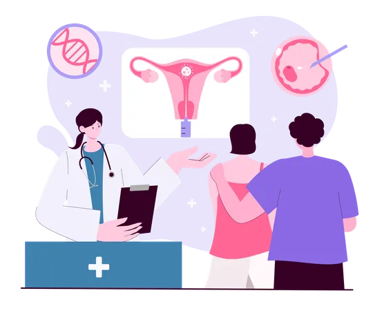 Doctor explaining in vitro fertilization to couple  Illustration