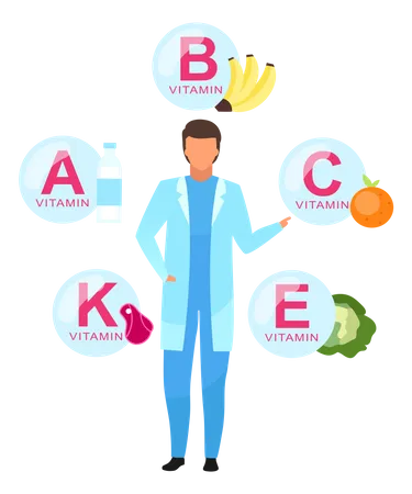 Balanced Nutrition Ingredients Flat Vector Illustration Doctor Explaining Vitamin Sources Isolated Cartoon Character On White Background Nutritionist Offering Healthy Fruits Dairy Meat Products Illustration