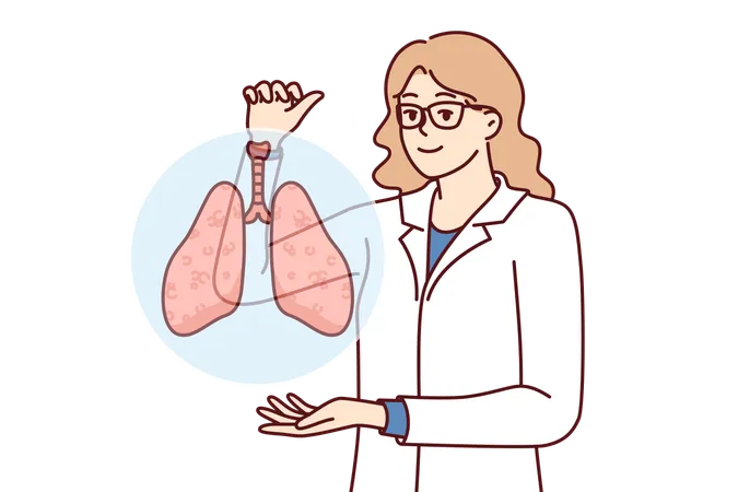 Woman Doctor With Smile Demonstrates Lungs Of Person Offering To Undergo Medical Examination Of Body Medic In White Coat Recommends Paying Attention To Lungs Diseases Bronchitis And Tuberculosis Illustration