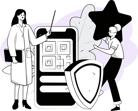 Doctor explains scanner to patient for bill payment  Illustration