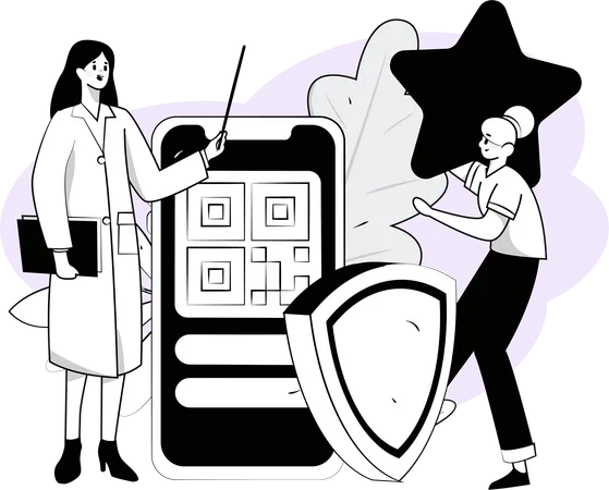 Doctor explains scanner to patient for bill payment  Illustration