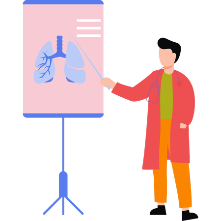 Médico explicando el gráfico de los pulmones.  Ilustración