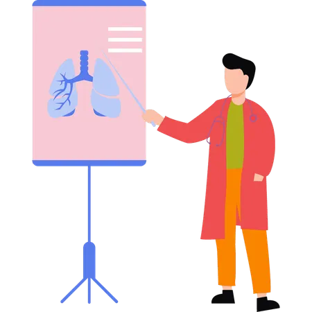 Médico explicando el gráfico de los pulmones.  Ilustración