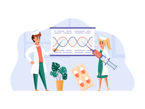 Doctor explicando genética a un colega médico  Ilustración