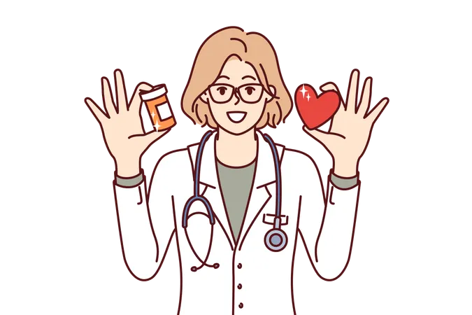 Woman Doctor Holds Heart And Medicine For Treatment Of Cardio Diseases And Arrhythmia Or Tachycardia Doctor Recommends Not To Neglect Cardiovascular Ailments Causing Myocardial Infarction Illustration