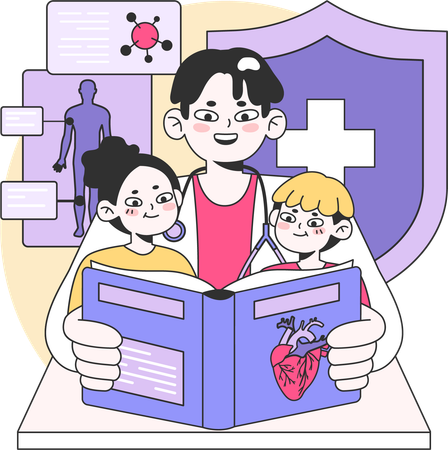 Doctor giving medical education to children  Illustration