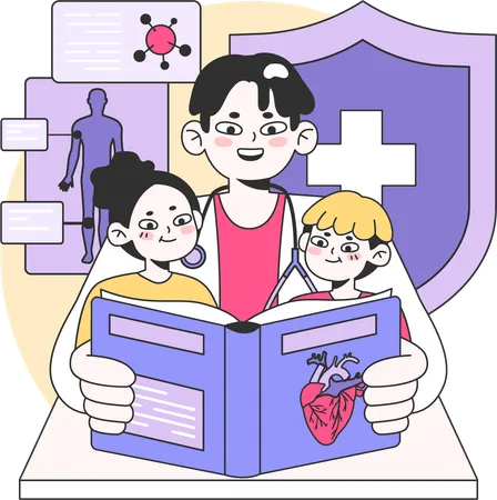 Doctor giving medical education to children  Illustration