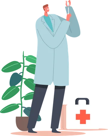 Medical Vaccination Or Treatment Concept Male Doctor Character Holding Syringe With Vaccine For Protecting From Virus Drug For Treating Illness Health Care Immunization Cartoon Vector Illustration Illustration