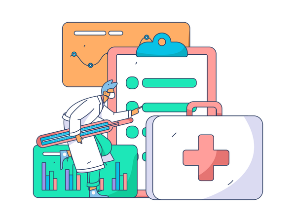 Doctor giving medicine on laptop  Illustration