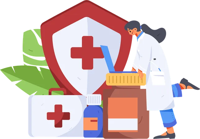 Doctor giving medicine on laptop  Illustration