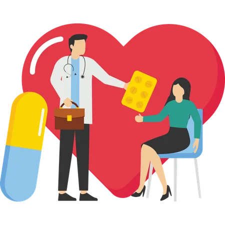 The Concept Of Medicine And Healthcare The Doctor Reassures The Patient Doctor And Patient Cardiologist Talking To A Woman Background Big Heart Vector Illustration In Flat Cartoon Style Illustration