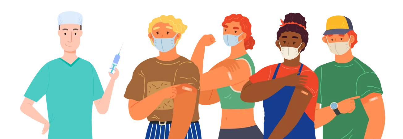 Stop Coronavirus Agitation Concept Vaccination Promo Immunization Of Workers Vaccine Saves Lives People Wearing Protective Mask Showing Their Arm With Bandage After Receiving Covid 19 Vaccine Illustration