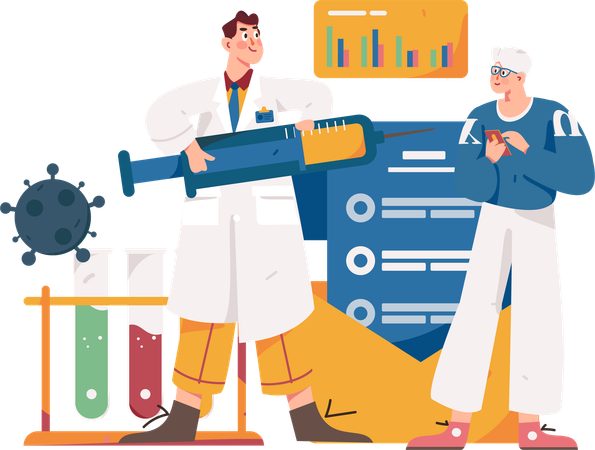 백신 테스트를 하는 동안 사람에게 백신을 주는 의사  일러스트레이션