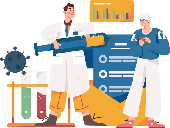 백신 테스트를 하는 동안 사람에게 백신을 주는 의사  일러스트레이션