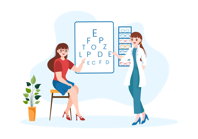 Doctor haciendo examen ocular de mujer  Ilustración