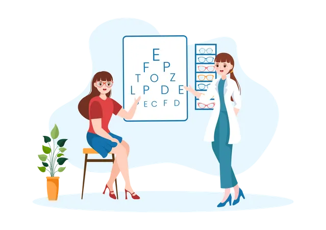 Doctor haciendo examen ocular de mujer  Ilustración