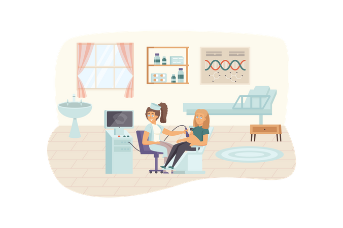 Doctor haciendo exámenes de ultrasonido de una mujer embarazada Ilustración