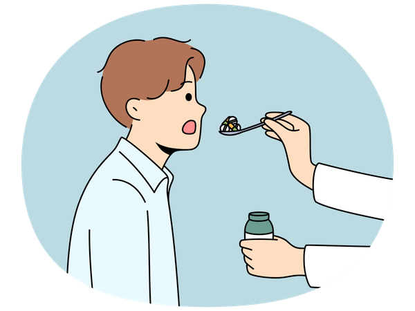 Doctor hand with pills in spoon near patient opening mouth to take painkillers and cure disease  Illustration